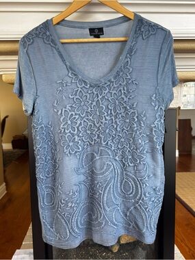 Curations Dusty blue Embroidered T shirt Boho Hippie Lagenlook Casual Small